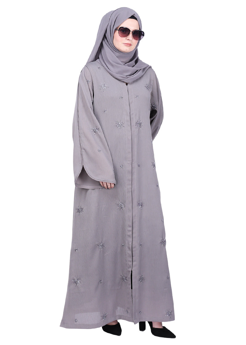 BeingMuslims Abaya with Starburst Crystal Embroidery Motifs Grey