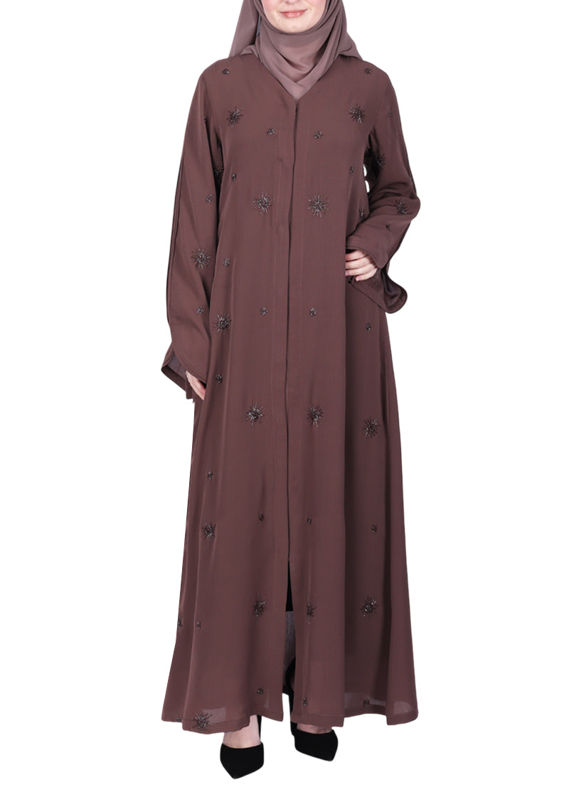 BeingMuslims Abaya with Starburst Crystal Embroidery Motifs Brown