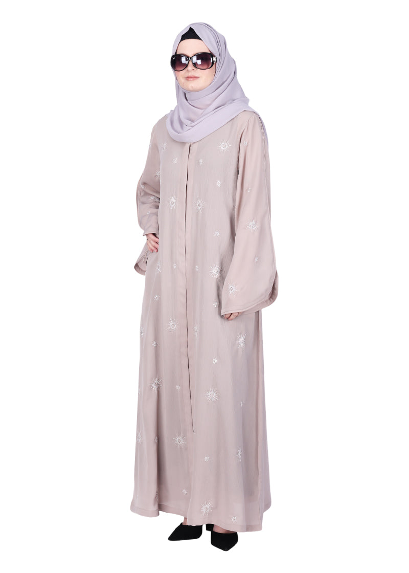 BeingMuslims Abaya with Starburst Crystal Embroidery Motifs Beige