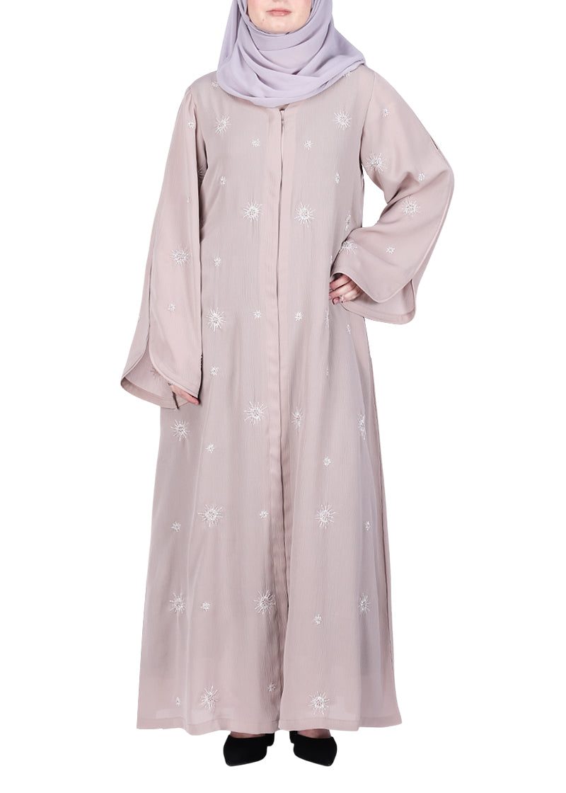 BeingMuslims Abaya with Starburst Crystal Embroidery Motifs Beige