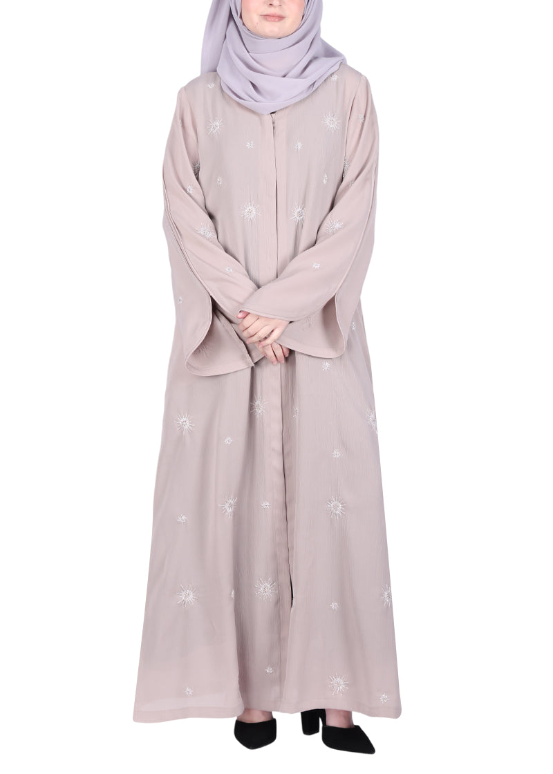 BeingMuslims Abaya with Starburst Crystal Embroidery Motifs Beige