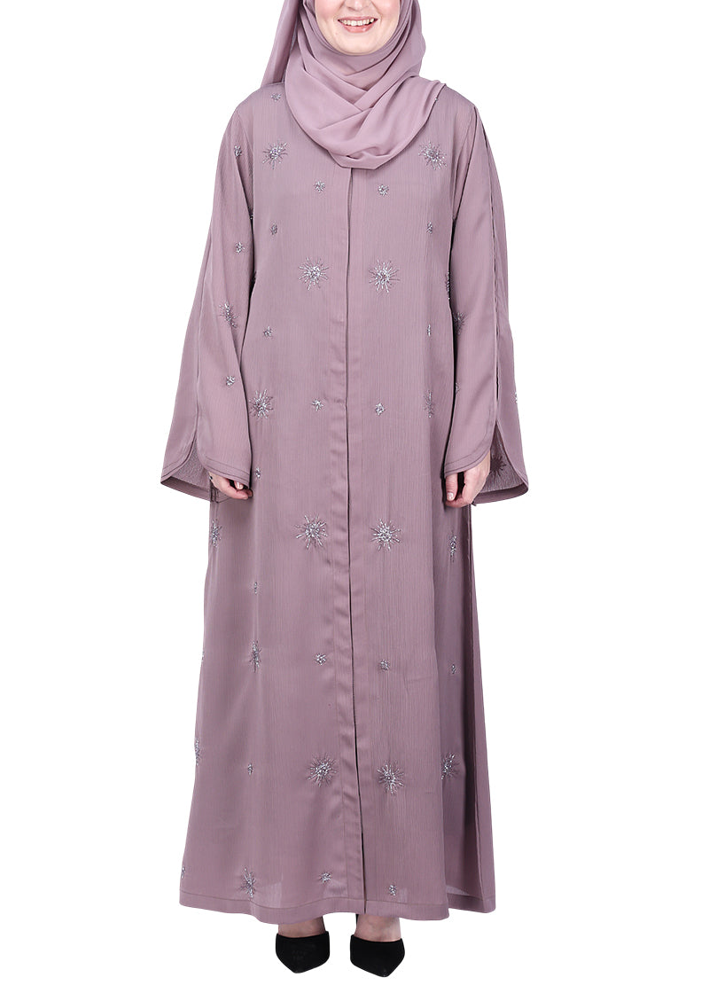 BeingMuslims Abaya with Starburst Crystal Embroidery Motifs Light Purple