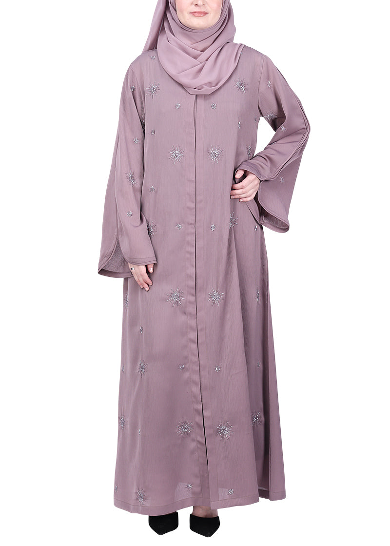 BeingMuslims Abaya with Starburst Crystal Embroidery Motifs Light Purple