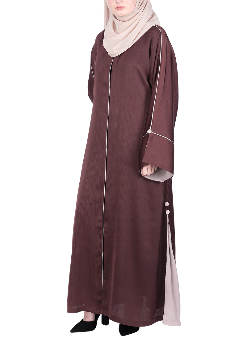 BeingMuslims Flowy Abaya with Sleek contrast Piping Brown