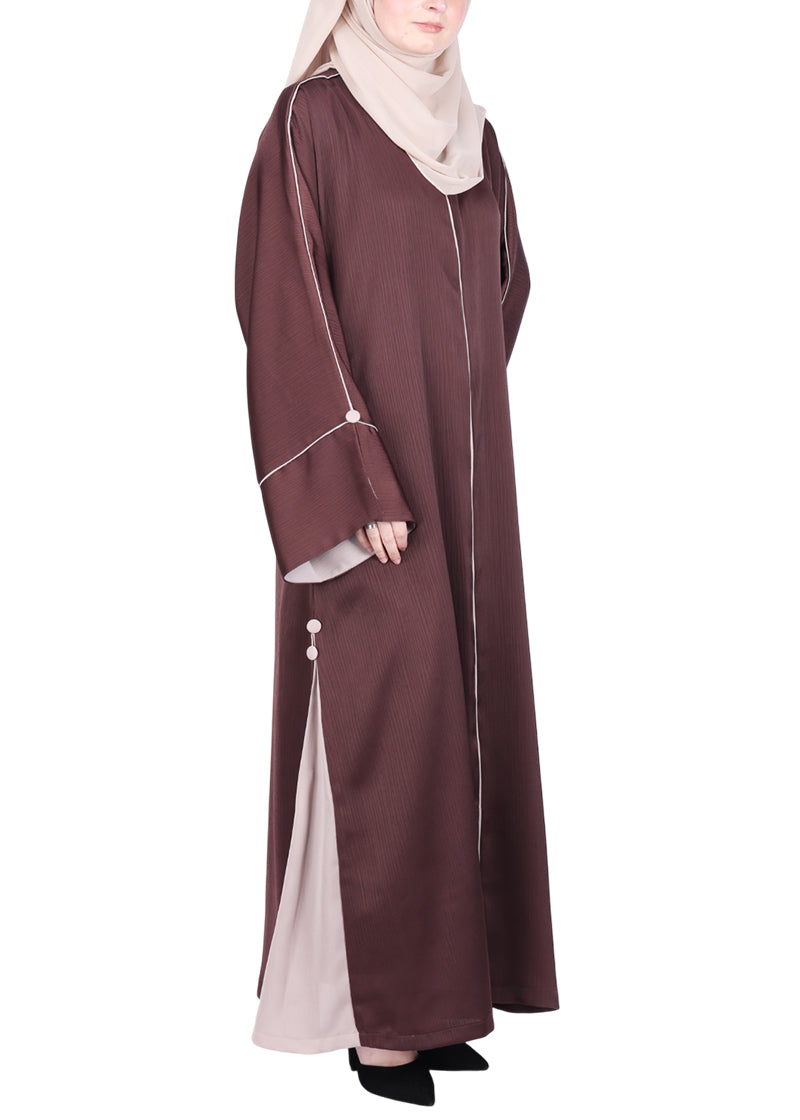 BeingMuslims Flowy Abaya with Sleek contrast Piping Brown