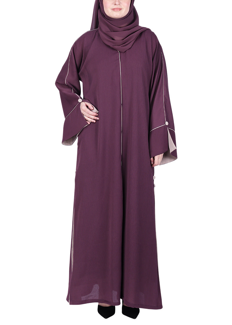 BeingMuslims Flowy Abaya with Sleek contrast Piping Purple