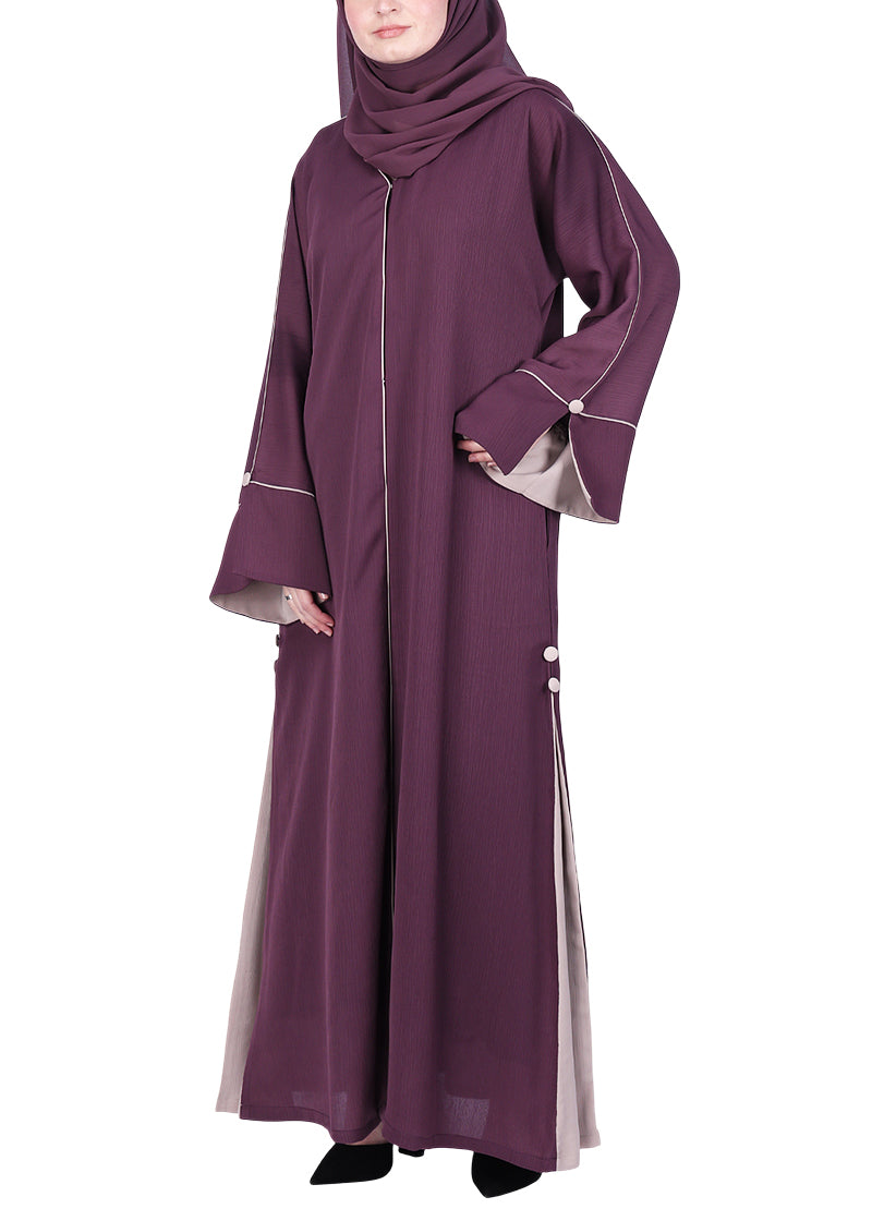 BeingMuslims Flowy Abaya with Sleek contrast Piping Purple