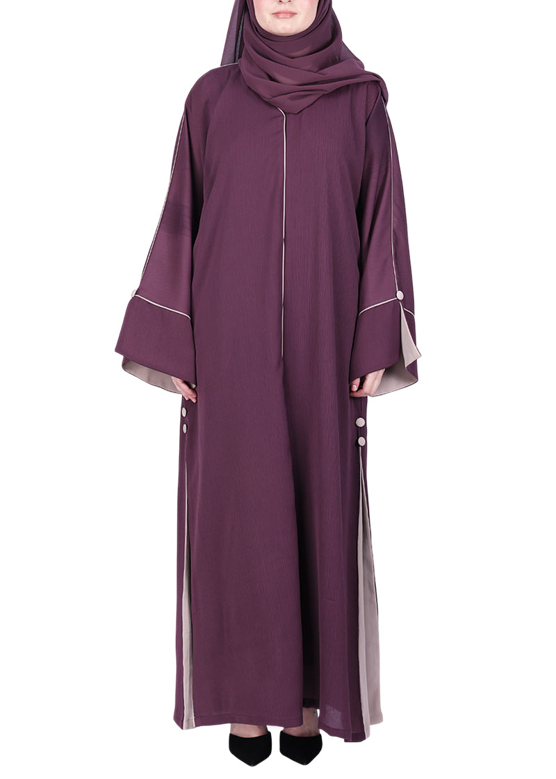 BeingMuslims Flowy Abaya with Sleek contrast Piping Purple