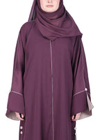 BeingMuslims Flowy Abaya with Sleek contrast Piping Purple