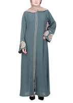 BeingMuslims Extraordinary Abaya Golden Circular Medallion Motifs Olive