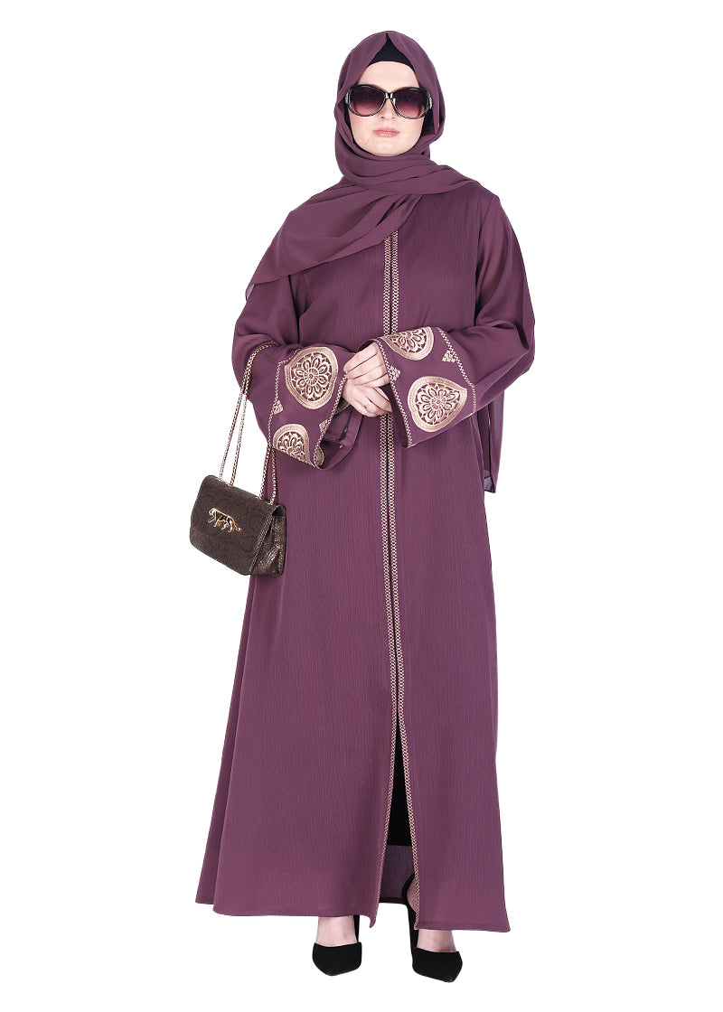 BeingMuslims Extraordinary Abaya Golden Circular Medallion Motifs Purple