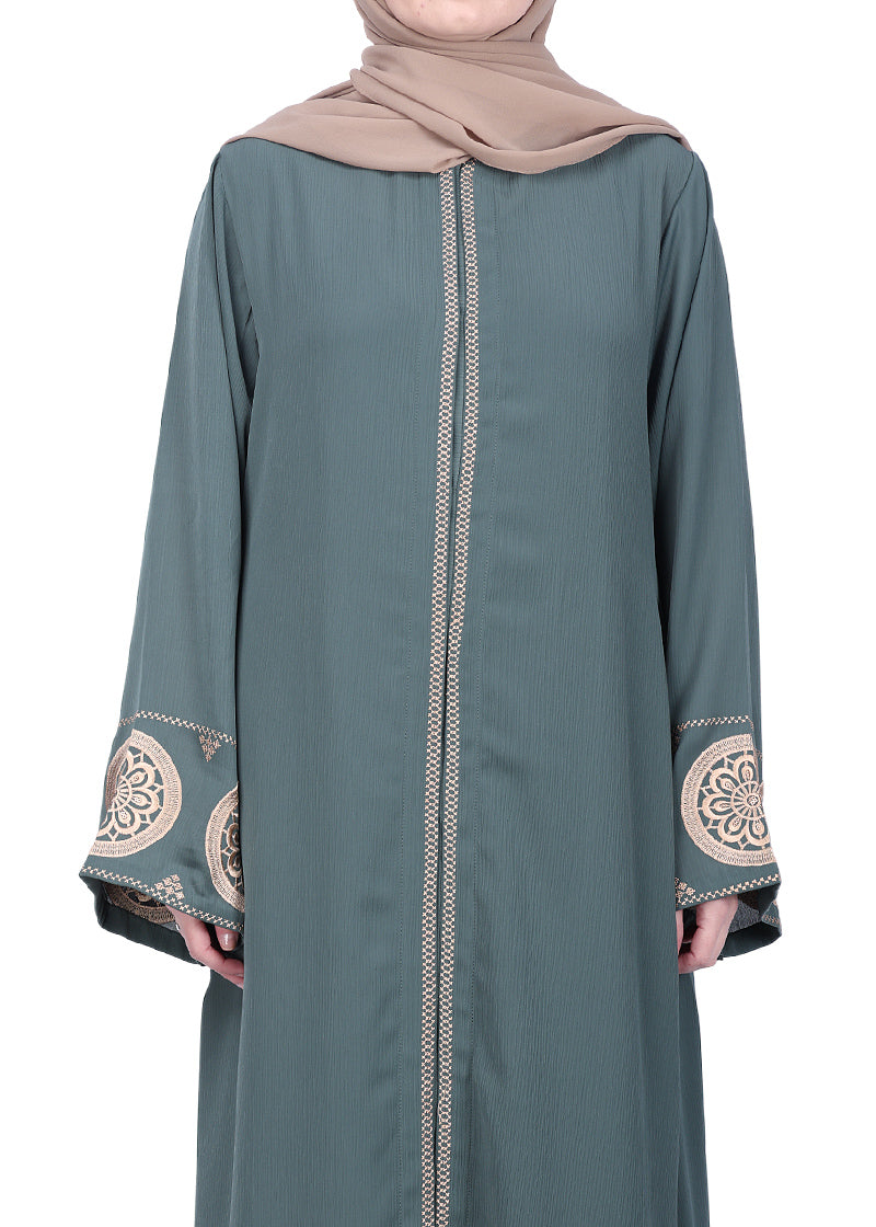 BeingMuslims Extraordinary Abaya Golden Circular Medallion Motifs Olive