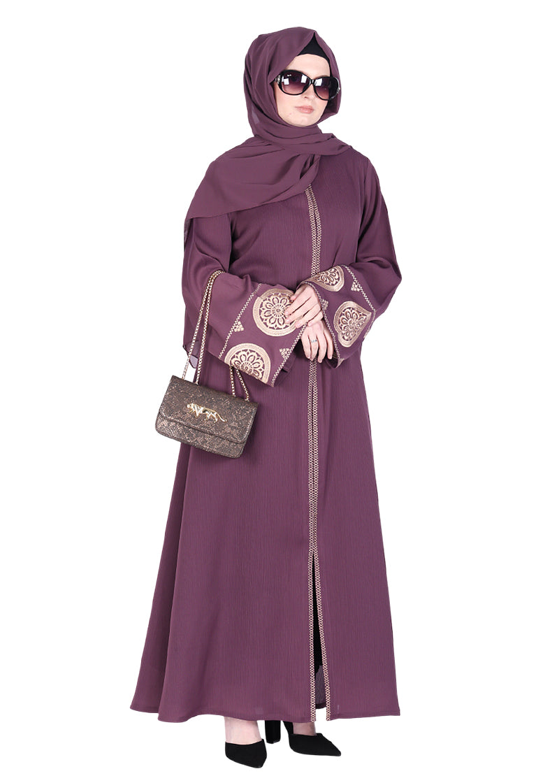 BeingMuslims Extraordinary Abaya Golden Circular Medallion Motifs Purple