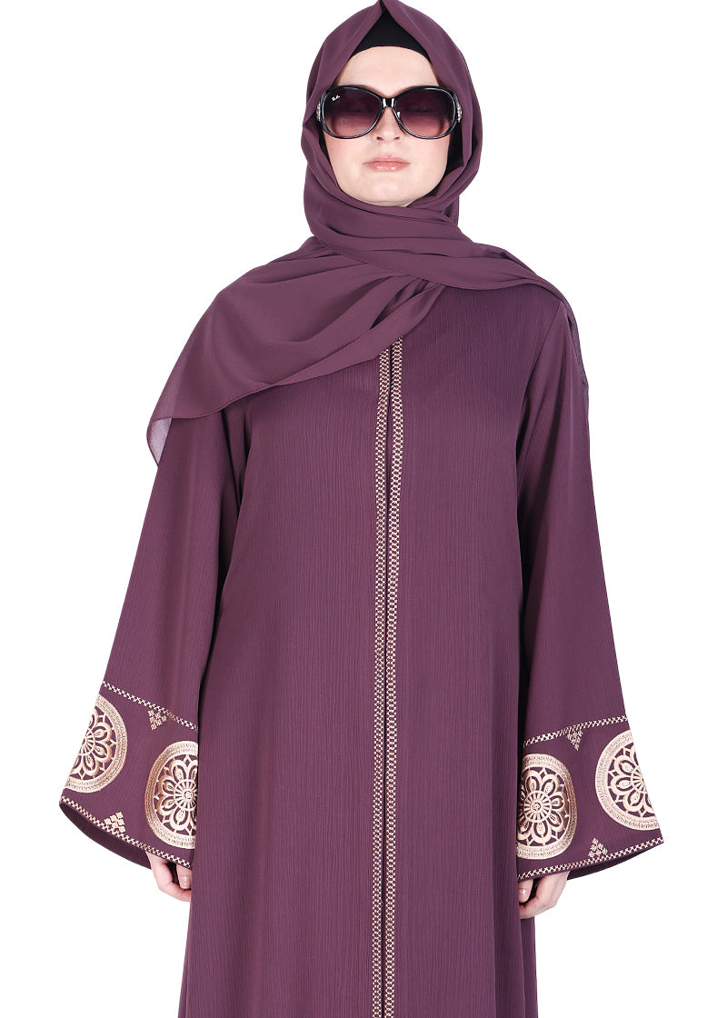 BeingMuslims Extraordinary Abaya Golden Circular Medallion Motifs Purple