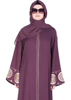 BeingMuslims Extraordinary Abaya Golden Circular Medallion Motifs Purple