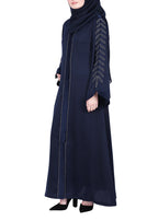 BeingMuslims Abaya with Subtle Embroidery with Leaf Inspired Motifs. Navy Blue