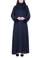 BeingMuslims Abaya with Subtle Embroidery with Leaf Inspired Motifs. Navy Blue