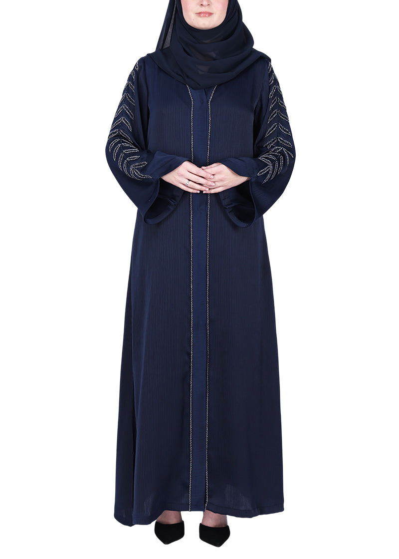 BeingMuslims Abaya with Subtle Embroidery with Leaf Inspired Motifs. Navy Blue