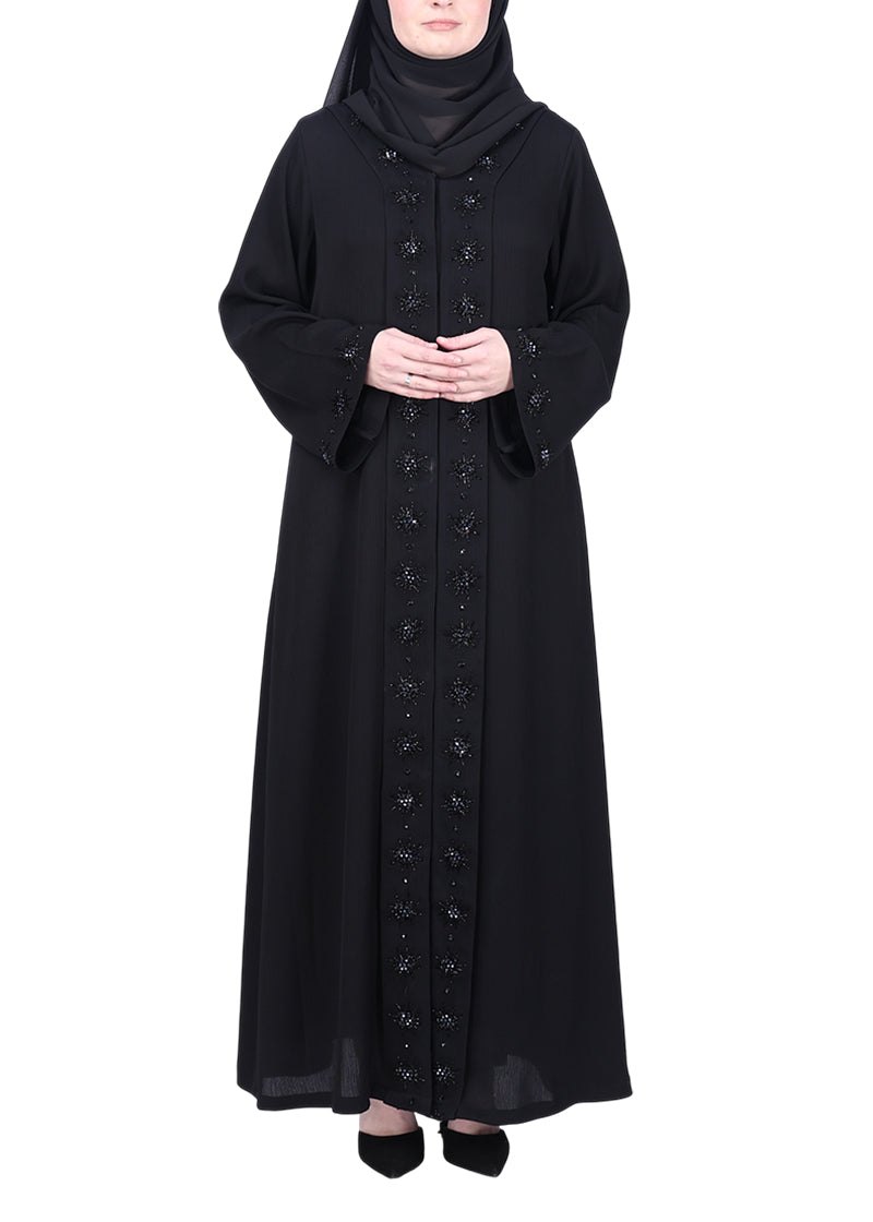 BeingMuslims Luxury Abaya with Rich Floral Beadwork Embroidery