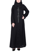 BeingMuslims Luxury Abaya with Muted Jewel Tone Embroidery Black