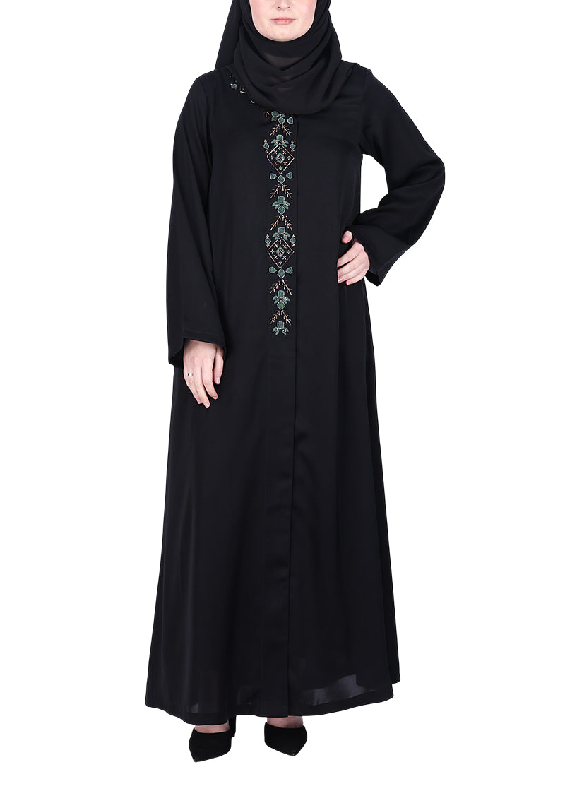 BeingMuslims Luxury Abaya with Muted Jewel Tone Embroidery