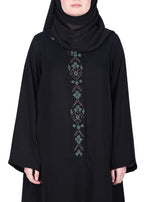 BeingMuslims Luxury Abaya with Muted Jewel Tone Embroidery Black
