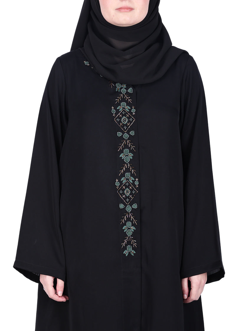 BeingMuslims Luxury Abaya with Muted Jewel Tone Embroidery Black