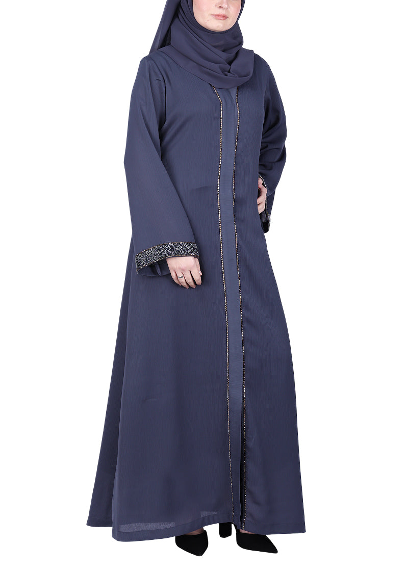BeingMuslims Luxury Abaya with Subtle Handwork of Timeless Detailing. Dark Grey