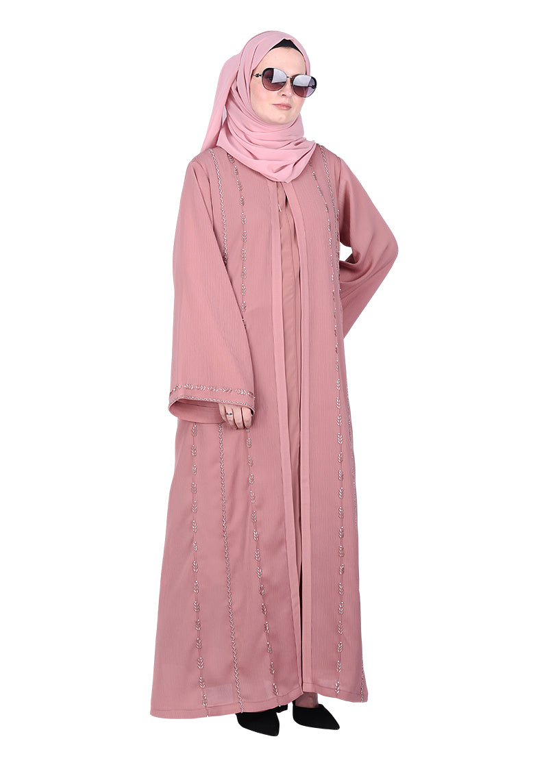 BeingMuslims Dusty Sophisticated Abaya with Vertical Embroidery Panels both Front and Back