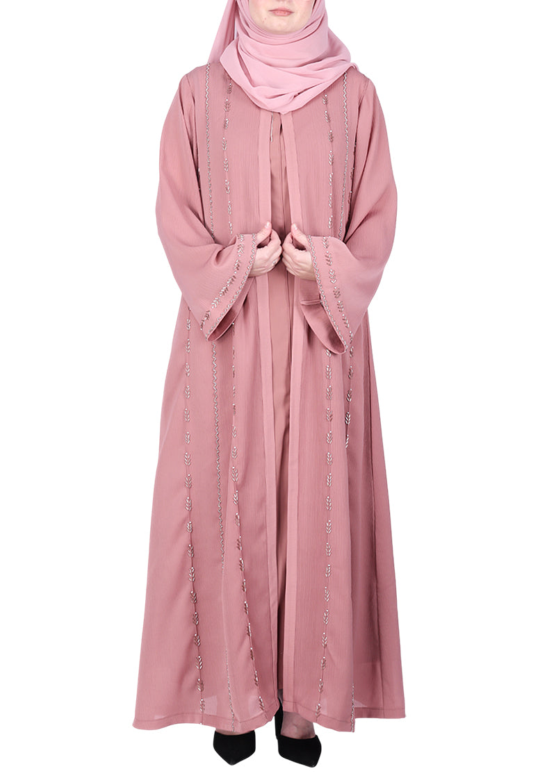 BeingMuslims Dusty Sophisticated Abaya with Vertical Embroidery Panels both Front and Back Pink