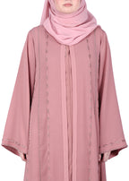 BeingMuslims Dusty Sophisticated Abaya with Vertical Embroidery Panels both Front and Back Pink