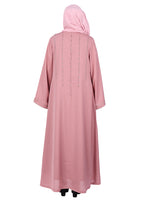 BeingMuslims Dusty Sophisticated Abaya with Vertical Embroidery Panels both Front and Back Pink