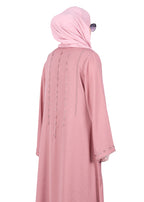 BeingMuslims Dusty Sophisticated Abaya with Vertical Embroidery Panels both Front and Back Pink