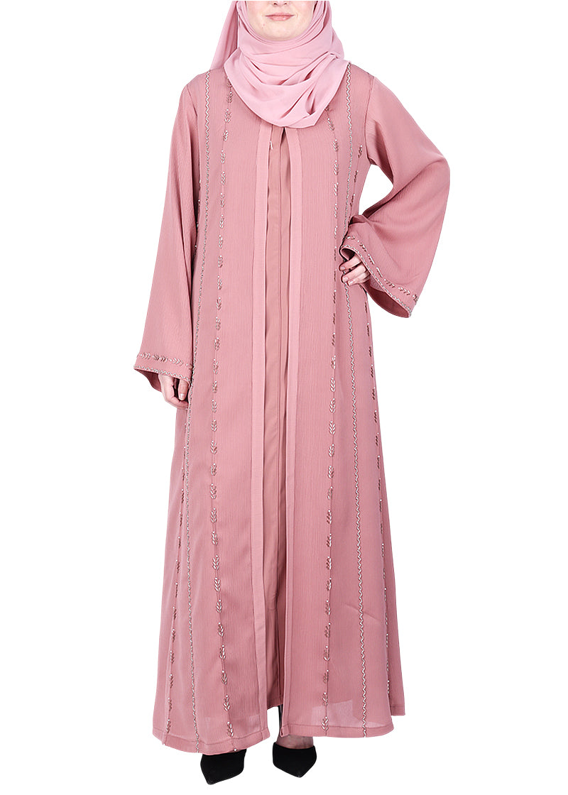 BeingMuslims Dusty Sophisticated Abaya with Vertical Embroidery Panels both Front and Back Pink
