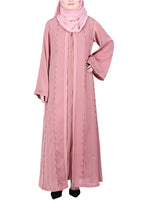 BeingMuslims Dusty Sophisticated Abaya with Vertical Embroidery Panels both Front and Back Pink
