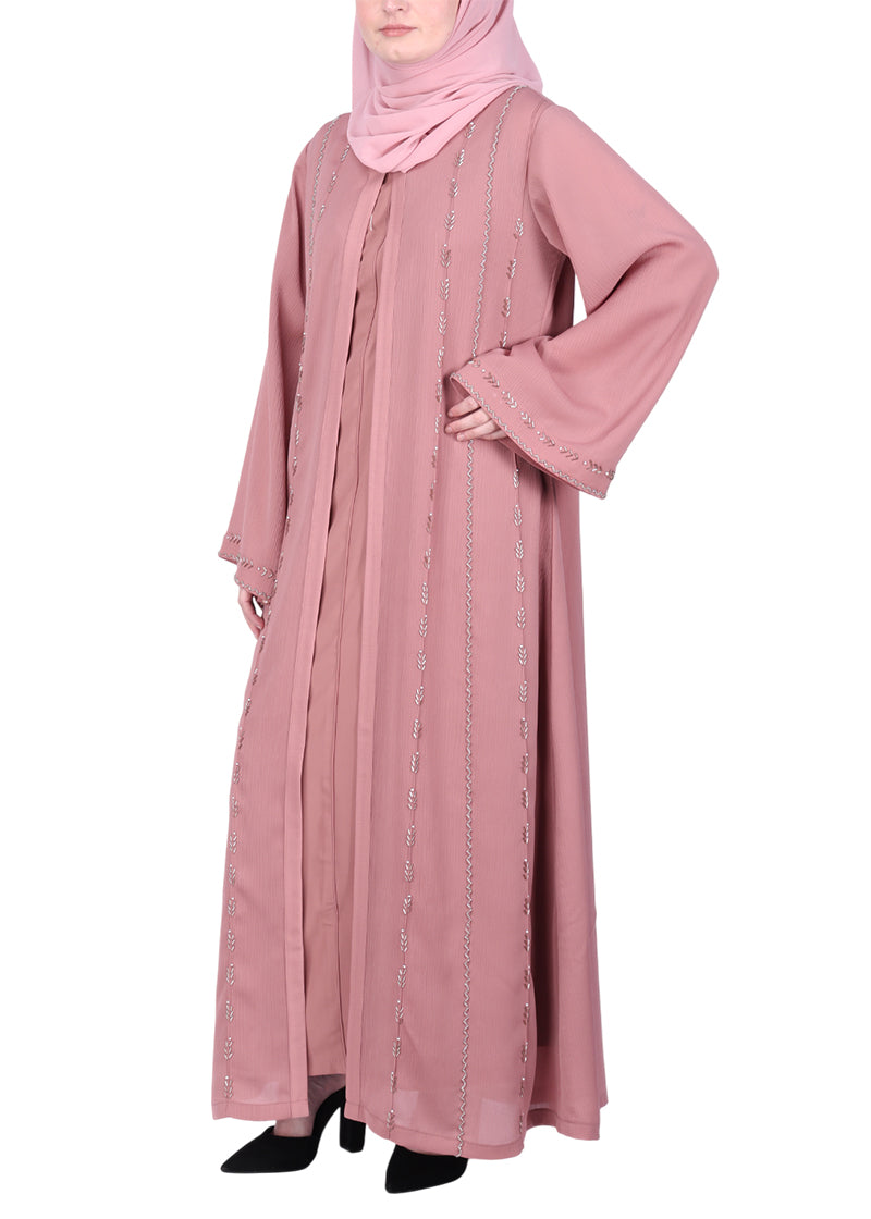 BeingMuslims Dusty Sophisticated Abaya with Vertical Embroidery Panels both Front and Back Pink