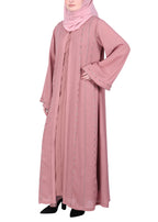 BeingMuslims Dusty Sophisticated Abaya with Vertical Embroidery Panels both Front and Back Pink