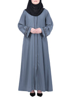 BeingMuslims Opulent Abaya with Delicate Embroidered Sleeve Cuffs. Grey