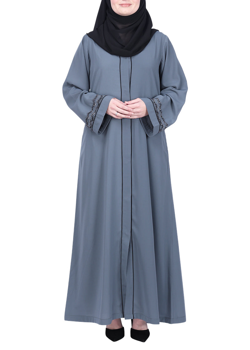 BeingMuslims Opulent Abaya with Delicate Embroidered Sleeve Cuffs.