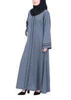 BeingMuslims Opulent Abaya with Delicate Embroidered Sleeve Cuffs. Grey