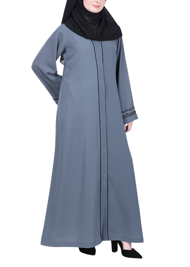 BeingMuslims Opulent Abaya with Delicate Embroidered Sleeve Cuffs. Grey