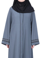 BeingMuslims Opulent Abaya with Delicate Embroidered Sleeve Cuffs. Grey