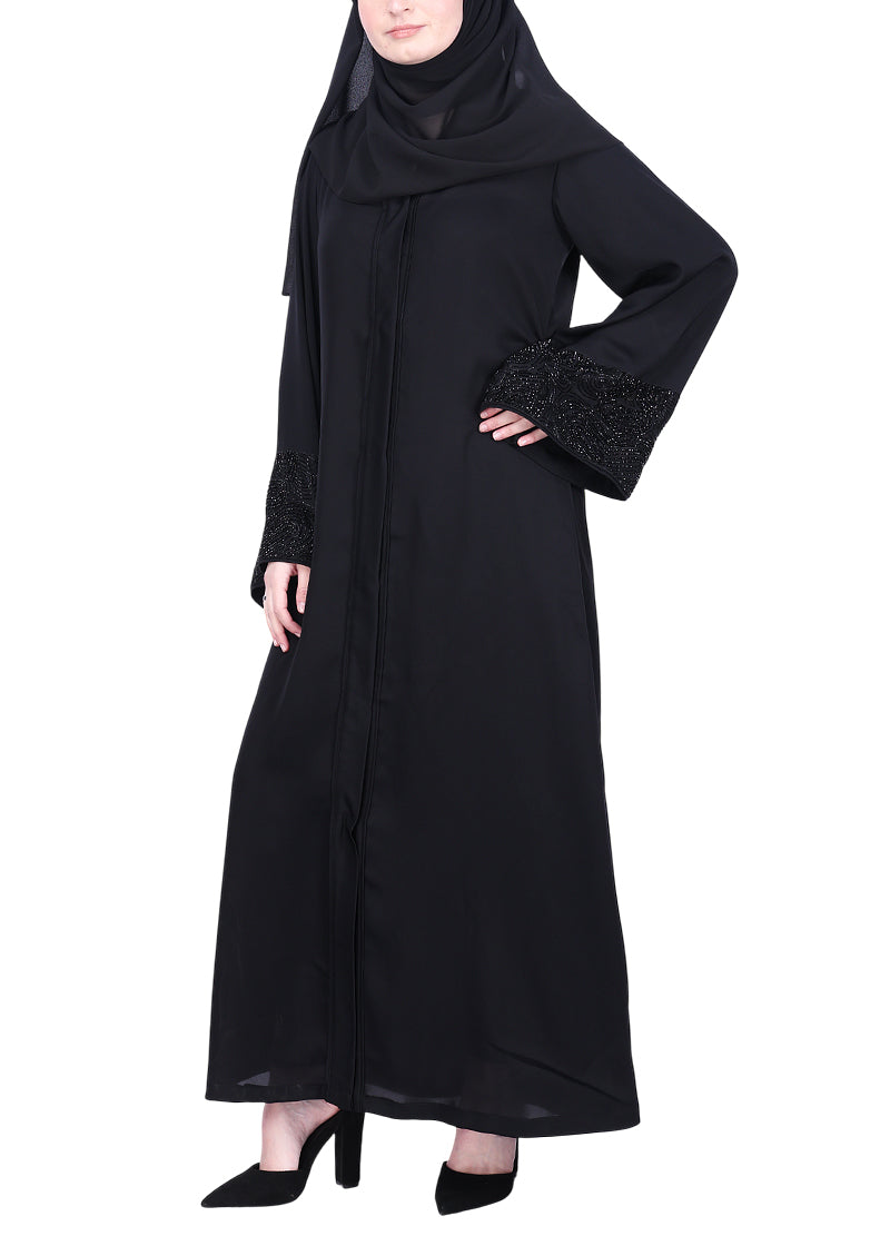 BeingMuslims Abaya with Rich on Embroidery on Sleeves Black