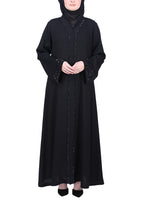 BeingMuslims Black Abaya with Glittering Crystal Embroidery on Front Panel and Sleeves Black