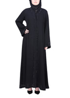 BeingMuslims Black Abaya with Glittering Crystal Embroidery on Front Panel and Sleeves Black