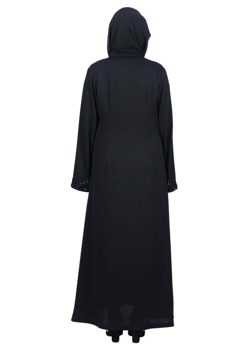 BeingMuslims Black Abaya with Glittering Crystal Embroidery on Front Panel and Sleeves Black