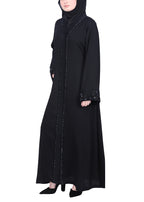 BeingMuslims Black Abaya with Glittering Crystal Embroidery on Front Panel and Sleeves Black