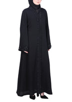 BeingMuslims Black Abaya with Glittering Crystal Embroidery on Front Panel and Sleeves Black