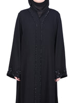 BeingMuslims Black Abaya with Glittering Crystal Embroidery on Front Panel and Sleeves Black