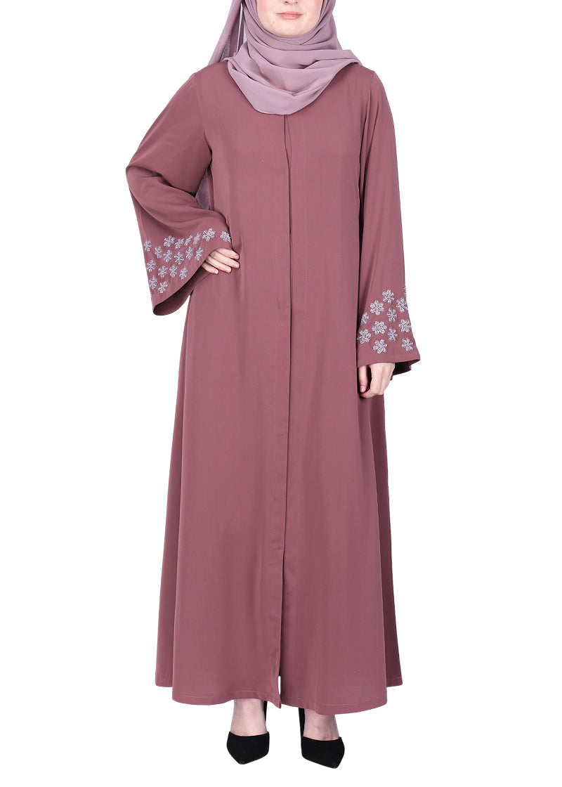 BeingMuslims Muted Abaya with Delicate Sleeve Embroidery Onion Pink